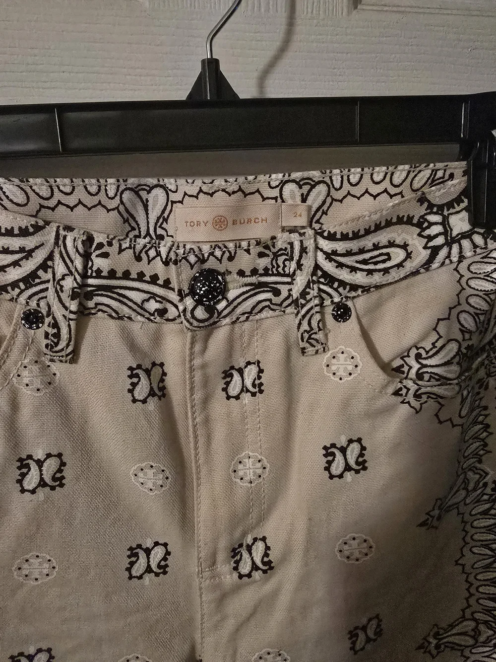 Tory Burch Cream and Black Bandana-Print Boot Cut Jeans